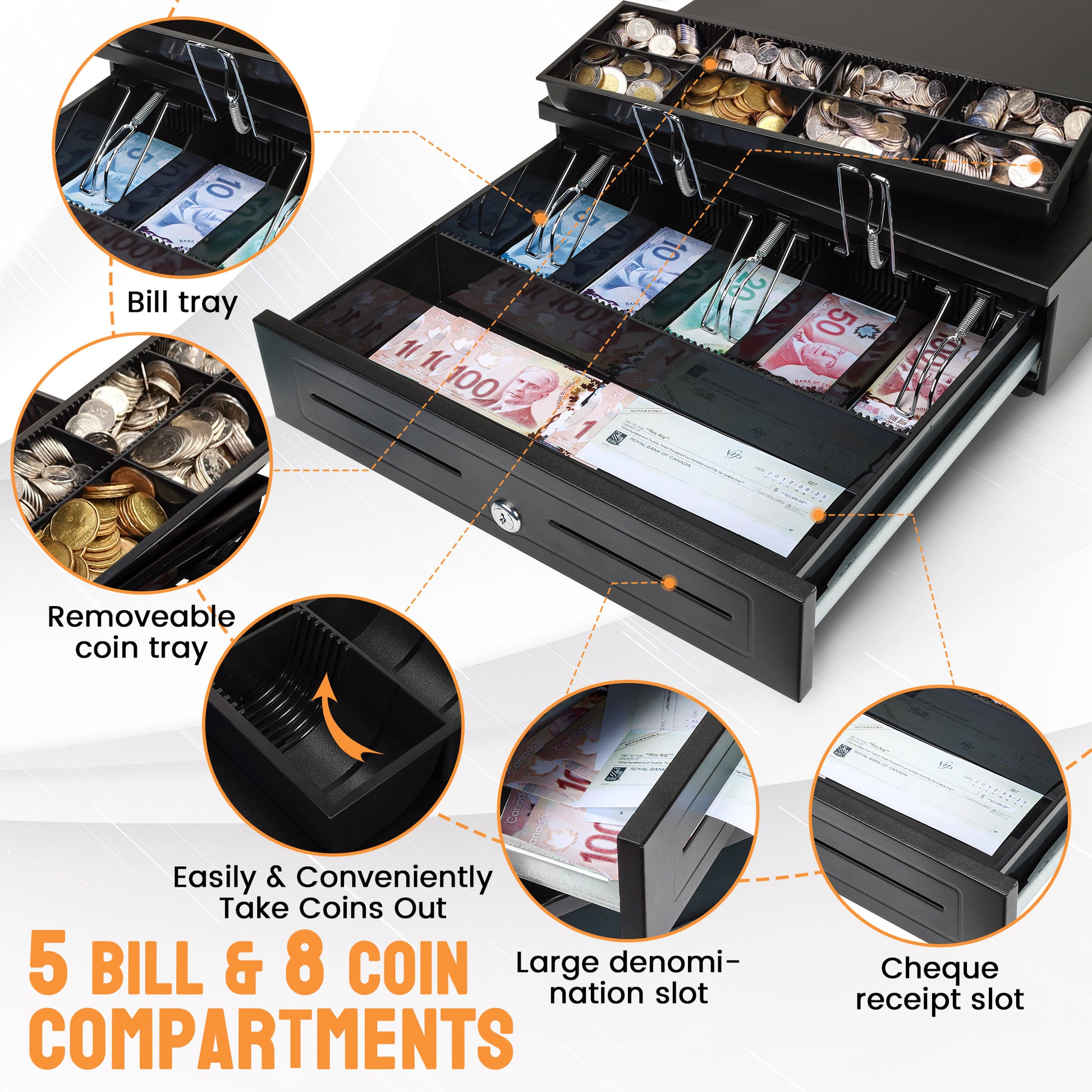 Enhance your cash management system with the Metal Slider Cash Drawer, a reliable solution designed to streamline cash handling for cash boxes, cash tills, and POS cash registers. This cash drawer ensures efficiency and security for your business operations.