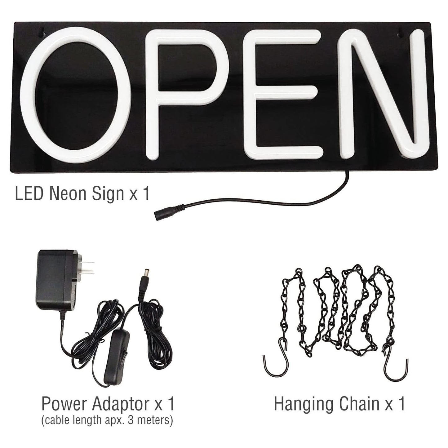 AOP50  ASSUR Neon Open Sign, Open Neon Sign, Open LED Sign 20x 7 inch, Ultra-Light White with Hanging Chain, Direct Plug-In 12V Power Adapter