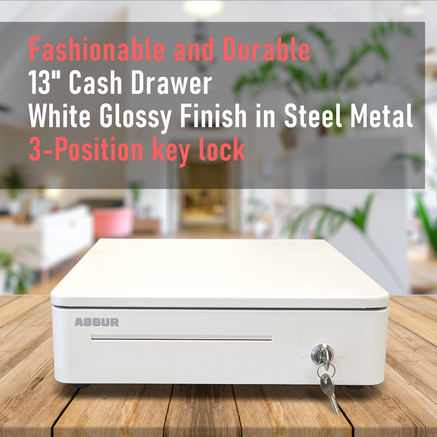 ASSUR A330R Cash Drawer 13” White Compact Cash Register POS Cash Drawer Box, Stainless Steel with Adjustable 4 Bill/5 Coin Tray for Canadian Money Compatible