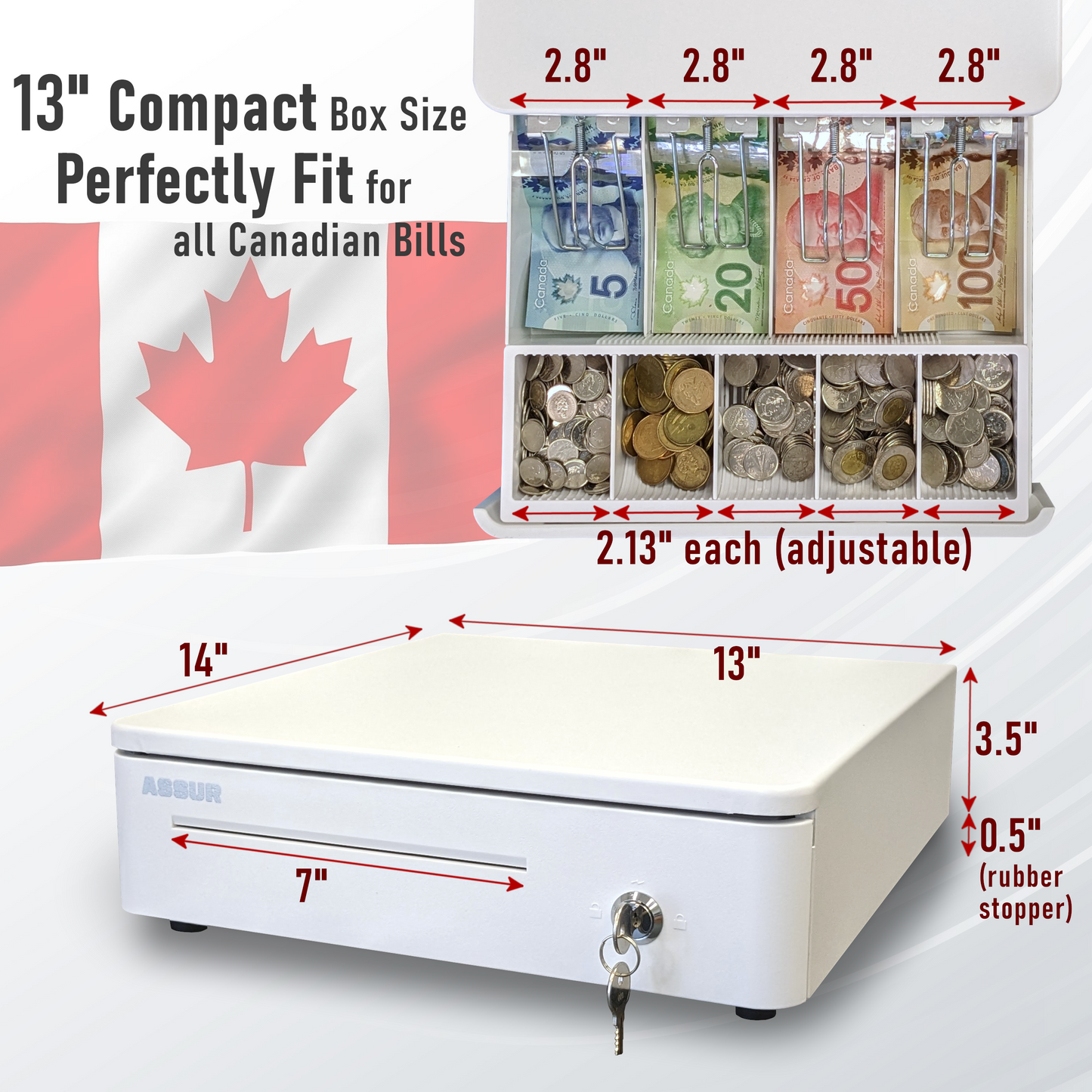 ASSUR A330R Cash Drawer 13” White Compact Cash Register POS Cash Drawer Box, Stainless Steel with Adjustable 4 Bill/5 Coin Tray for Canadian Money Compatible