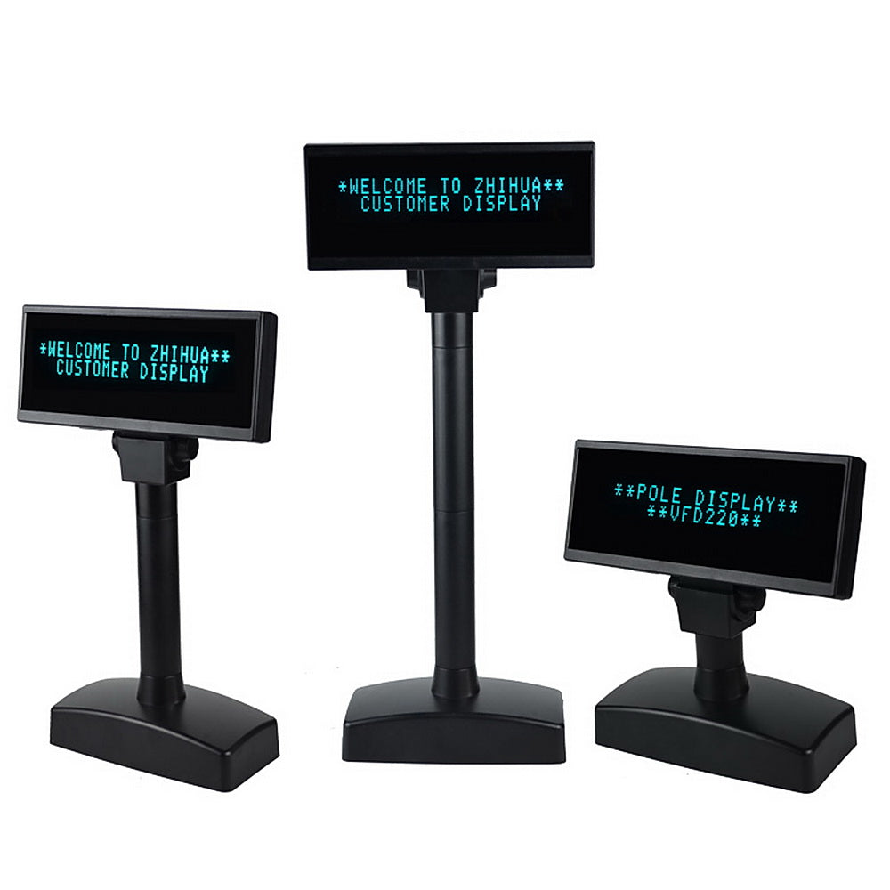 The VFD220 Pole Display with Heavy Bracket is a 7.7-inch display with dimensions of 187(W) x 60(H) mm. It can display 40 characters in a format of 20 columns by 2 lines. The height of the display is adjustable, ranging from 20 to 50 cm (7.9" to 19.7"). It supports various command sets such as ESC/POS, CD5220, UTC-S/UTC-E, ADM787/788, PD6000, AEDEX, NCR POS, and ICD2002. The communication is done through a serial interface, and it can be powered via USB connection.